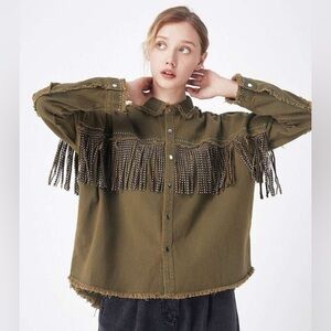 Zara Vintage Fringed Beaded Loose Denim Jacket size medium